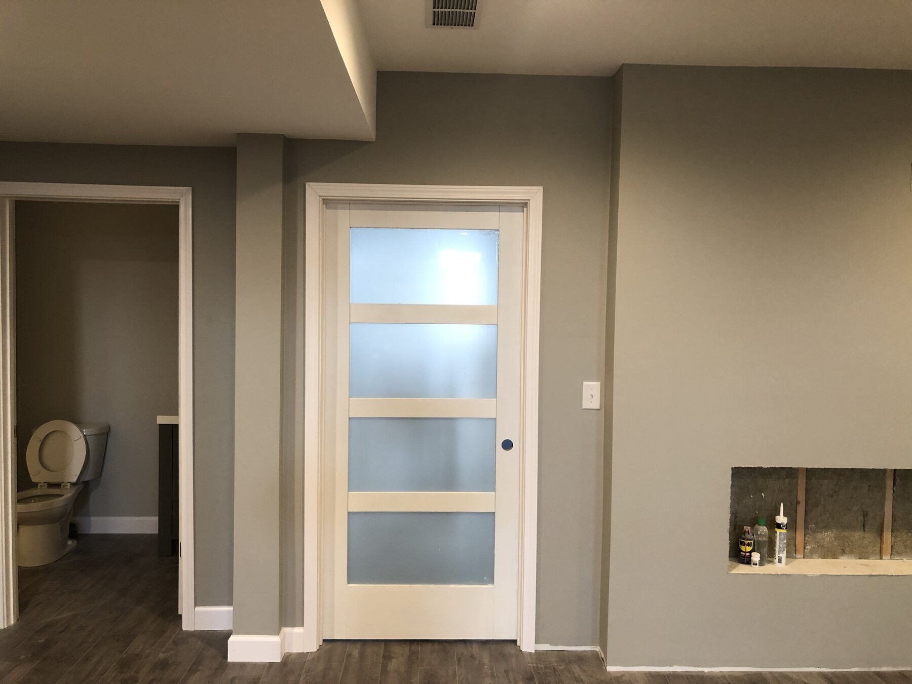 Frosted-glass privacy door separating basement spaces